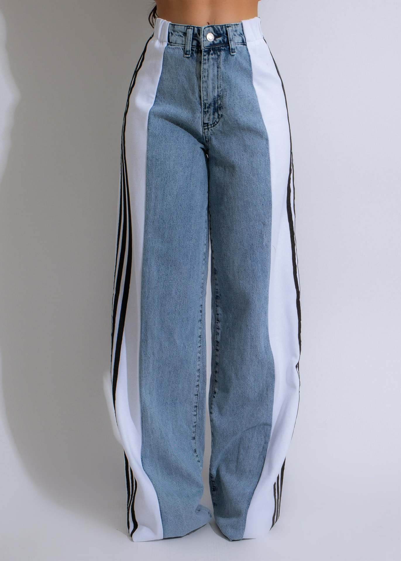 2024 Fashion Casual High Waist Elastic Straight Leg Trousers Three Stripe Patchwork Denim Wide Leg Pants Streetwear - Velora