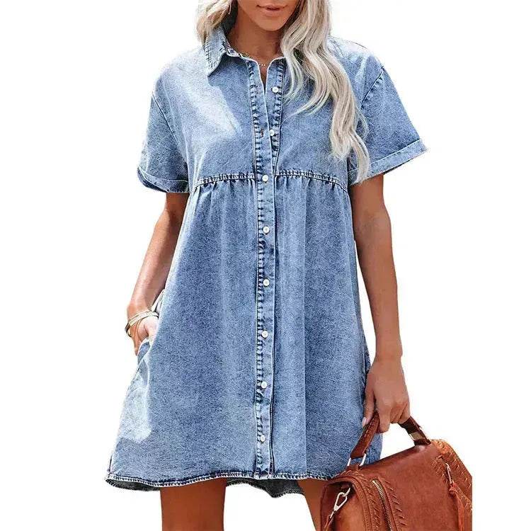 European And American Washed Denim Lapel Ruffled Denim Dress Jeans Flared dress Casual Denim mini dress - Velora
