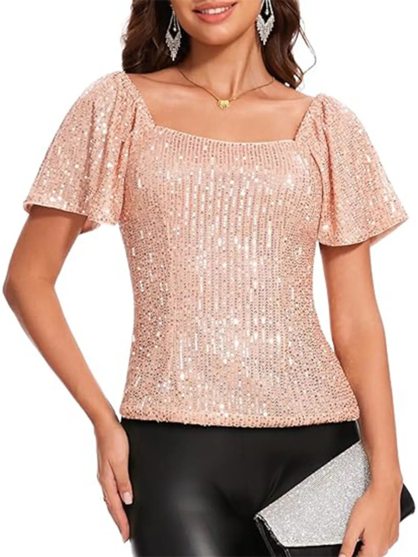 Square Neck Sequin Short Sleeve Blouse - Velora