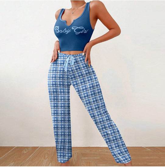 Spring Summer Women's Casual Pajamas Home Wear Vest Color Matching Plaid Trousers Letter Print Top Ladies 2 Pcs Home Clothes Sleepwear - Velora