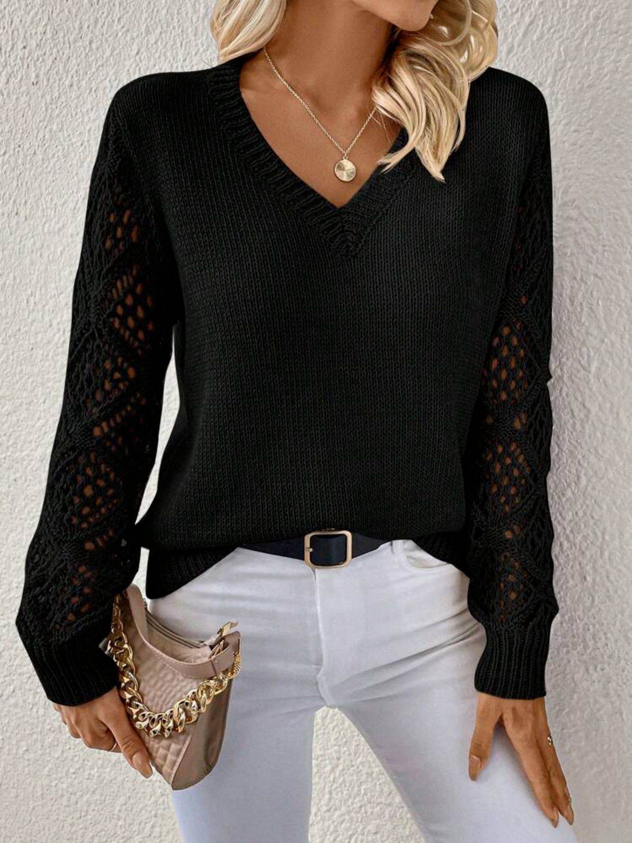 Solid V-neck Pullover Sweater With Hollow Long Sleeve Fashion Tops For Women Clothing - Velora