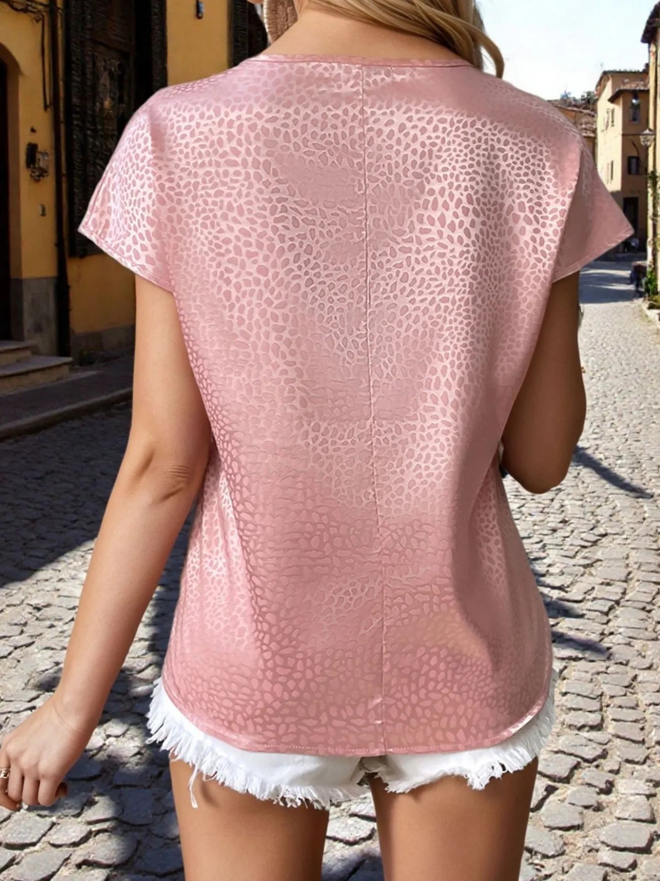 Animal Print Notched Short Sleeve Blouse - Velora
