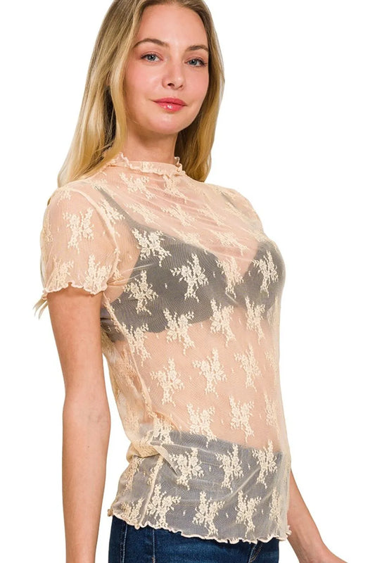 Zenana Lace See-through Layering Short Sleeve Top - Velora