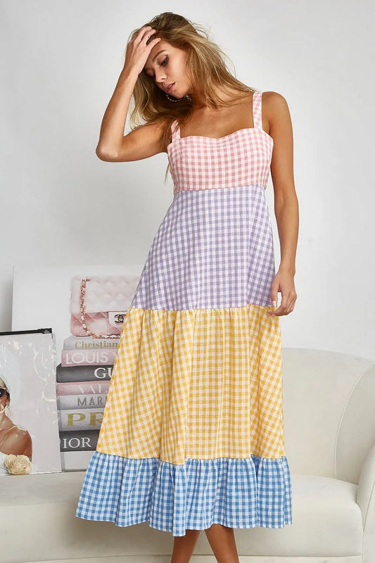 BiBi Color Block Tiered Gingham Dress - Velora