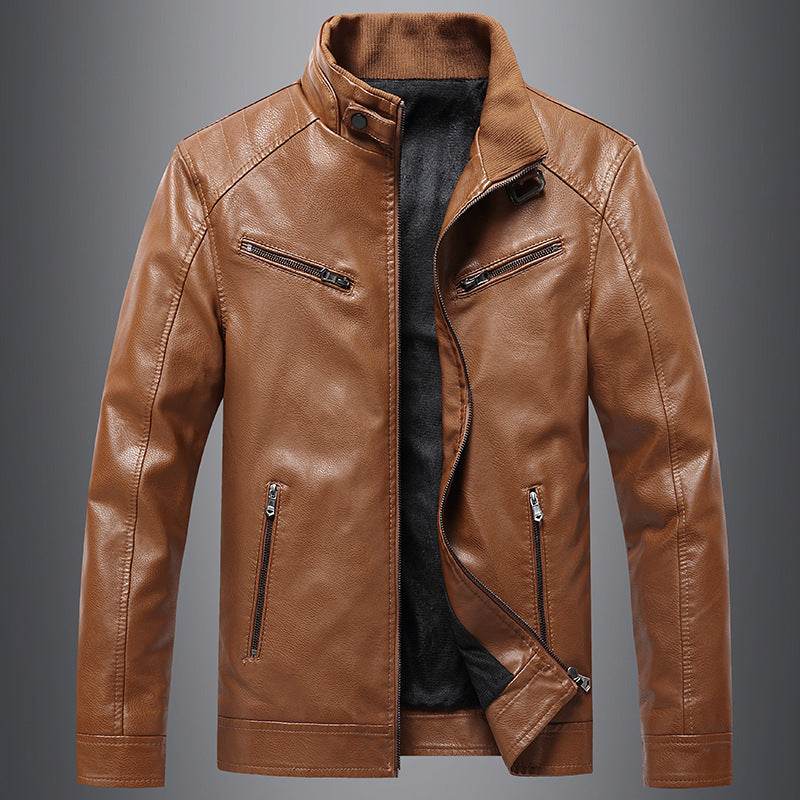 Men's Fleece Padded Coat Casual Korean-style Stand Collar PU Leather Jacket Trendy Youth - Velora