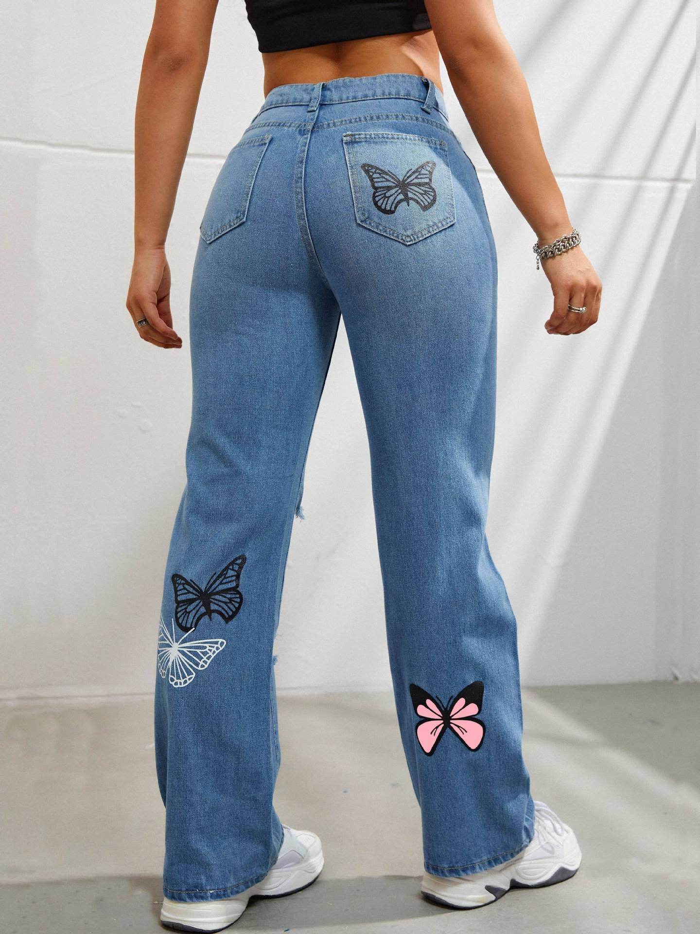High Waisted Straight Leg Jeans For Women Trendy Butterfly Print Ripped Distressed Denim Pants - Velora