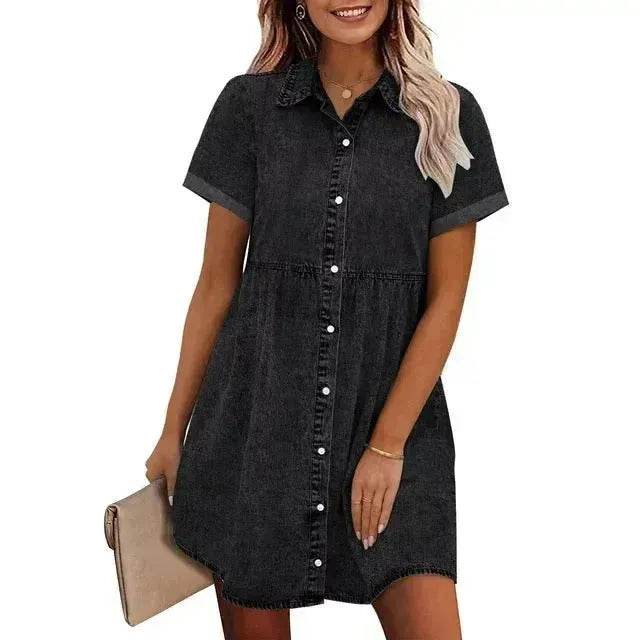 European And American Washed Denim Lapel Ruffled Denim Dress Jeans Flared dress Casual Denim mini dress - Velora