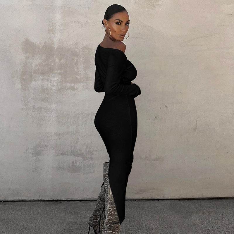 Women's Irregular Slant Shoulder Back Slit Long Dress - Velora