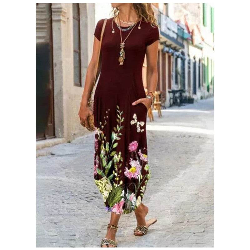 Round Neck Pocket Short Sleeve Trendy Printed Dress - Velora