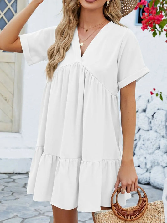 V-Neck Tiered Ruffle Mini Dress - Velora