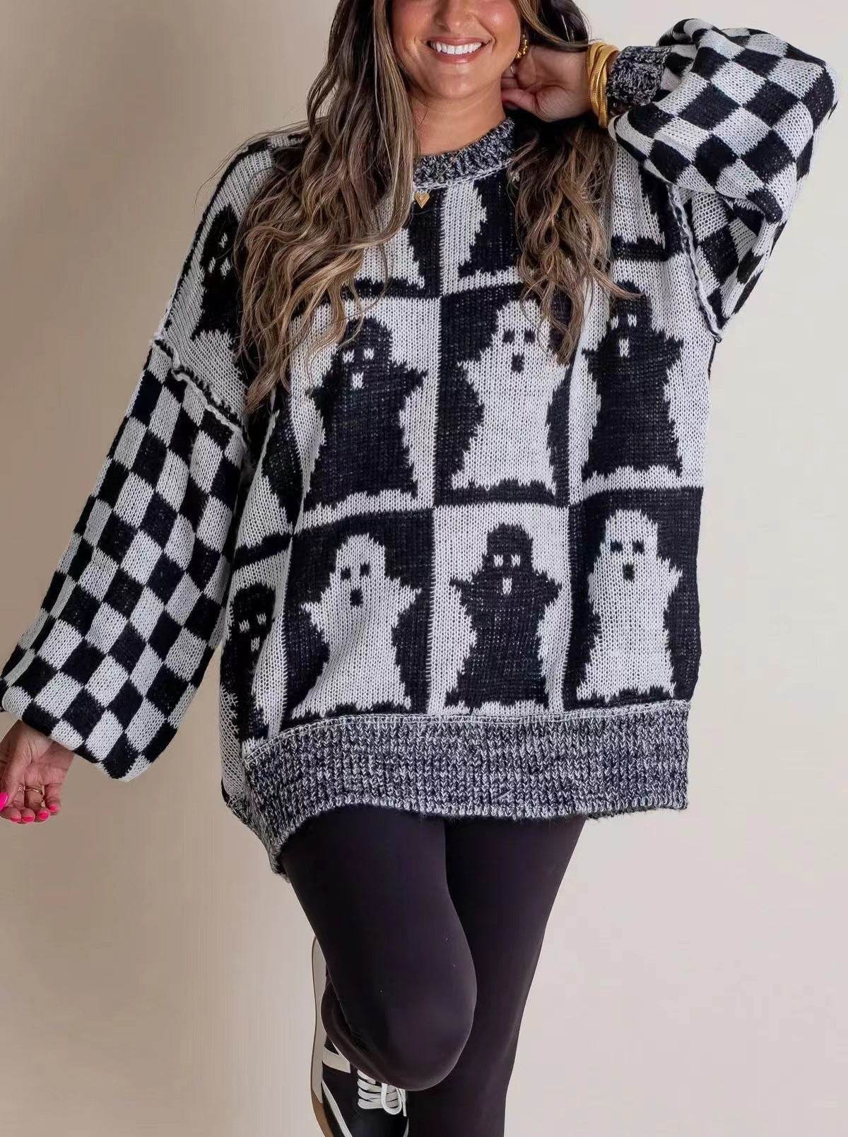 Halloween Cartoon Pumpkin Ghost Sweater Winter Loose Pullover Knitted Top Fashion Women's Clothing - Velora