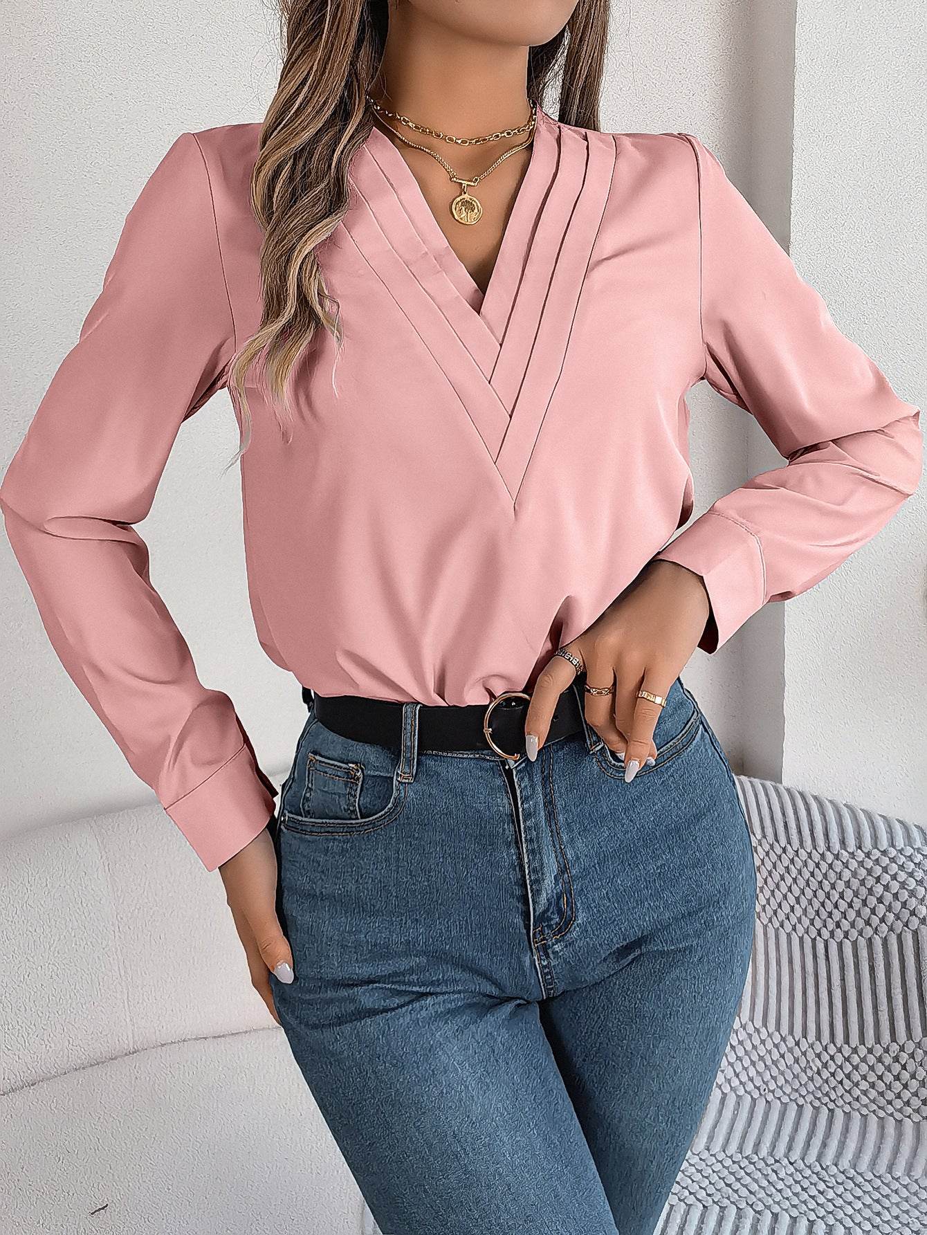 Fashion V-Neck Long Sleeve Shirt Elegant Commuter Solid Blouse Office Women's Clothing - Velora