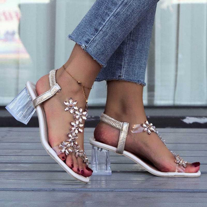 Fashion Flowers Sandals With Transparent High Square Heels Summer Square Toe Shoes For Women - Velora