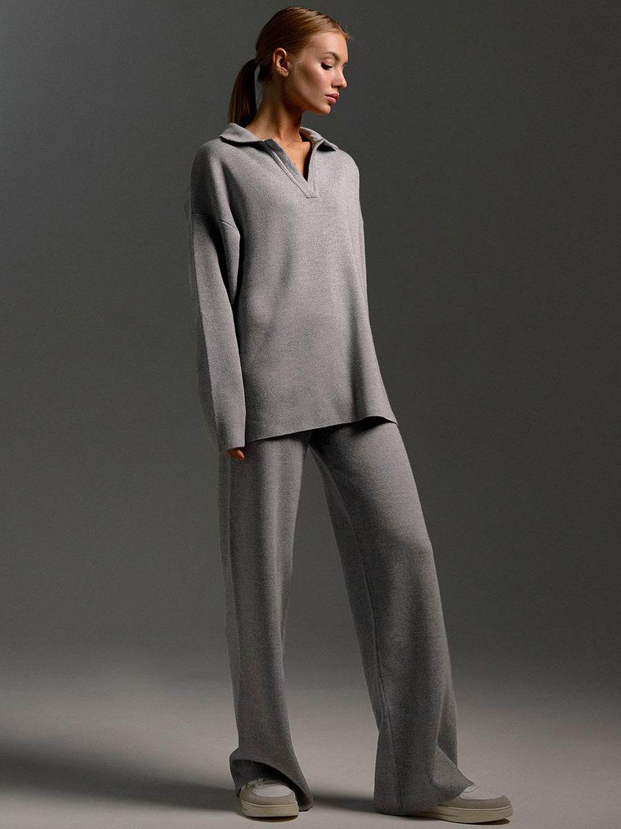 Fall Winter Two Piece Set Women's Simple Loose Solid Color Collar Sweater Set Fashion Casual Sport Wear Set - Velora