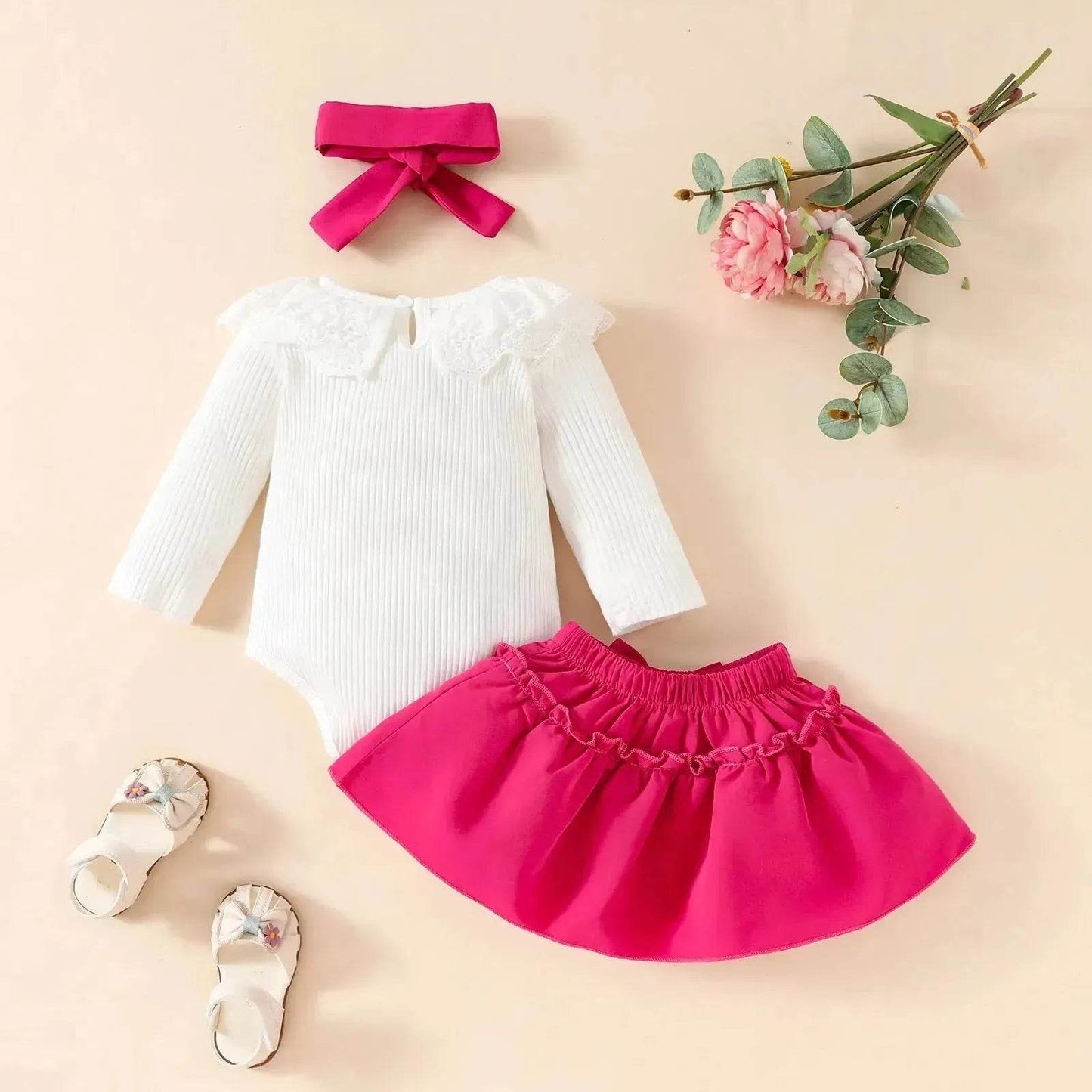Two piece Baby Girl Lace Ruffles Long-sleeve romper Bow Skirt Hair Bowtie Band baby girl outwear - Velora