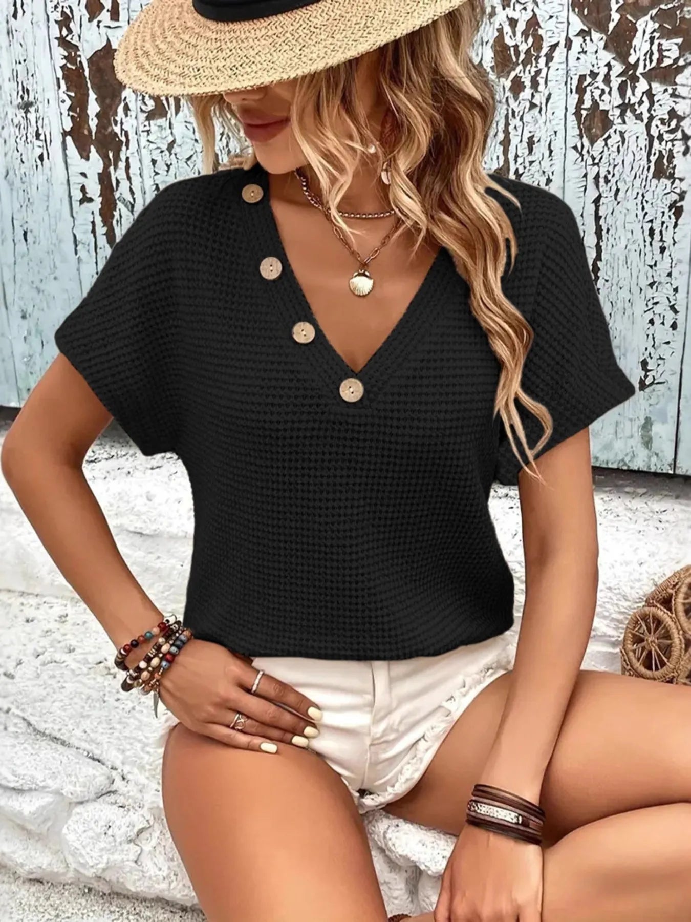 V-Neck Textured Knit T-Shirt - Velora