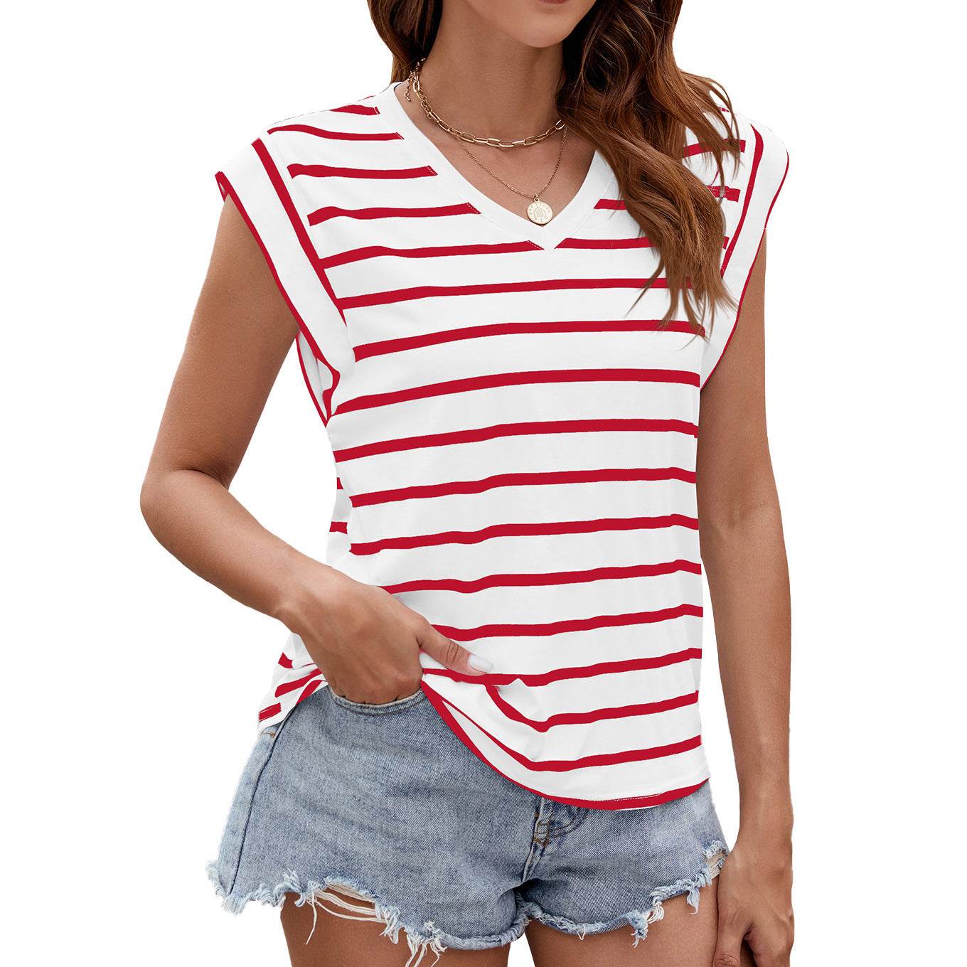 Fashion Stripe Print V-neck Short-sleeved T-Shirt Summer Loose Tank Top Womens Clothing - Velora