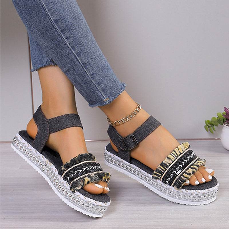 Fashion Tassel Denim Sandals With Thick-soled Flat Heel New Summer Hemp Rope Sole Ethnic Style Shoes For Women - Velora