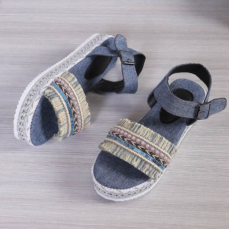 Fashion Tassel Denim Sandals With Thick-soled Flat Heel New Summer Hemp Rope Sole Ethnic Style Shoes For Women - Velora