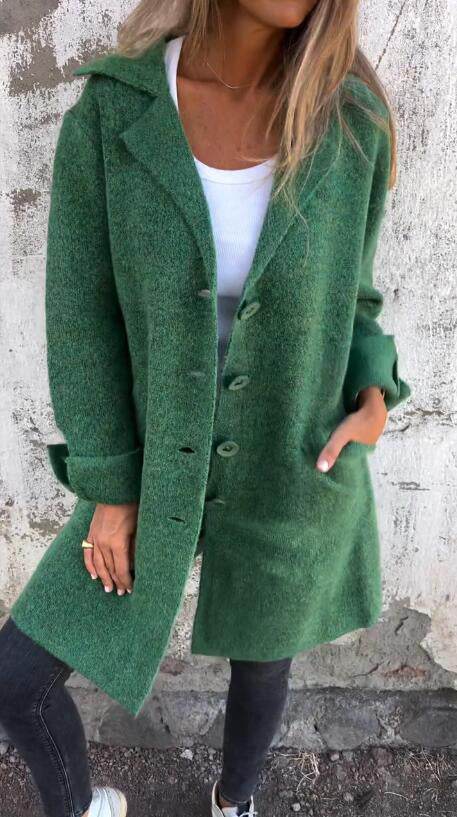 Lapel Single Breasted Cardigan With Pockets Fashion Color Solid Mid-Length Outwear Coat Womens Clothing - Velora