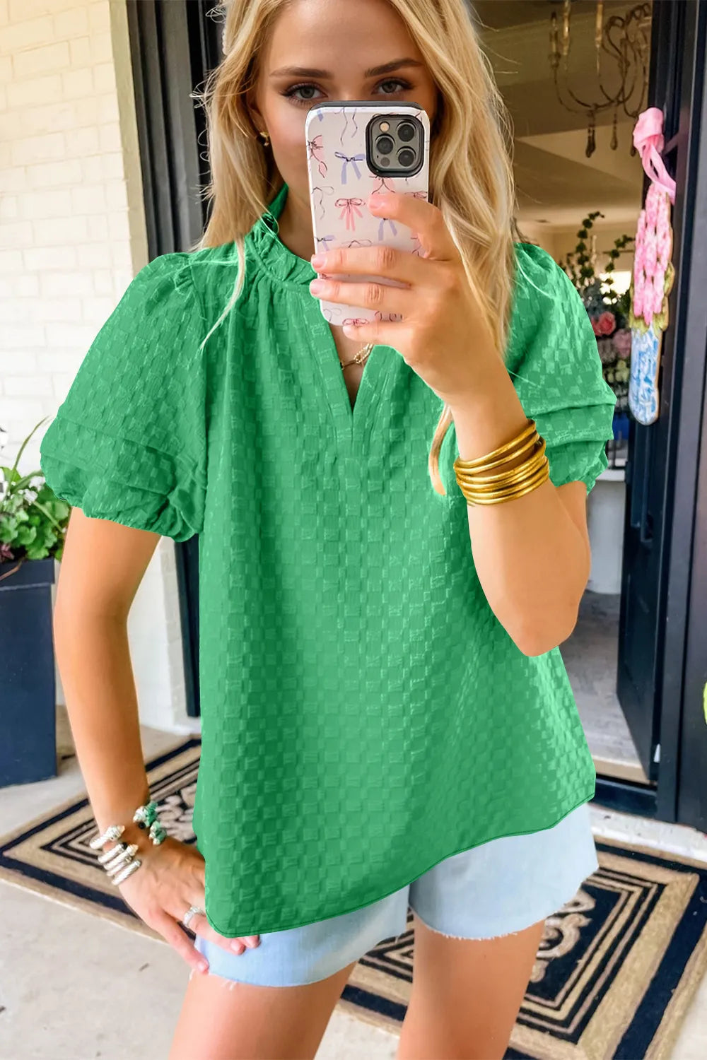 Oh Full Size Frill Notched Puff Sleeve Blouse - Velora