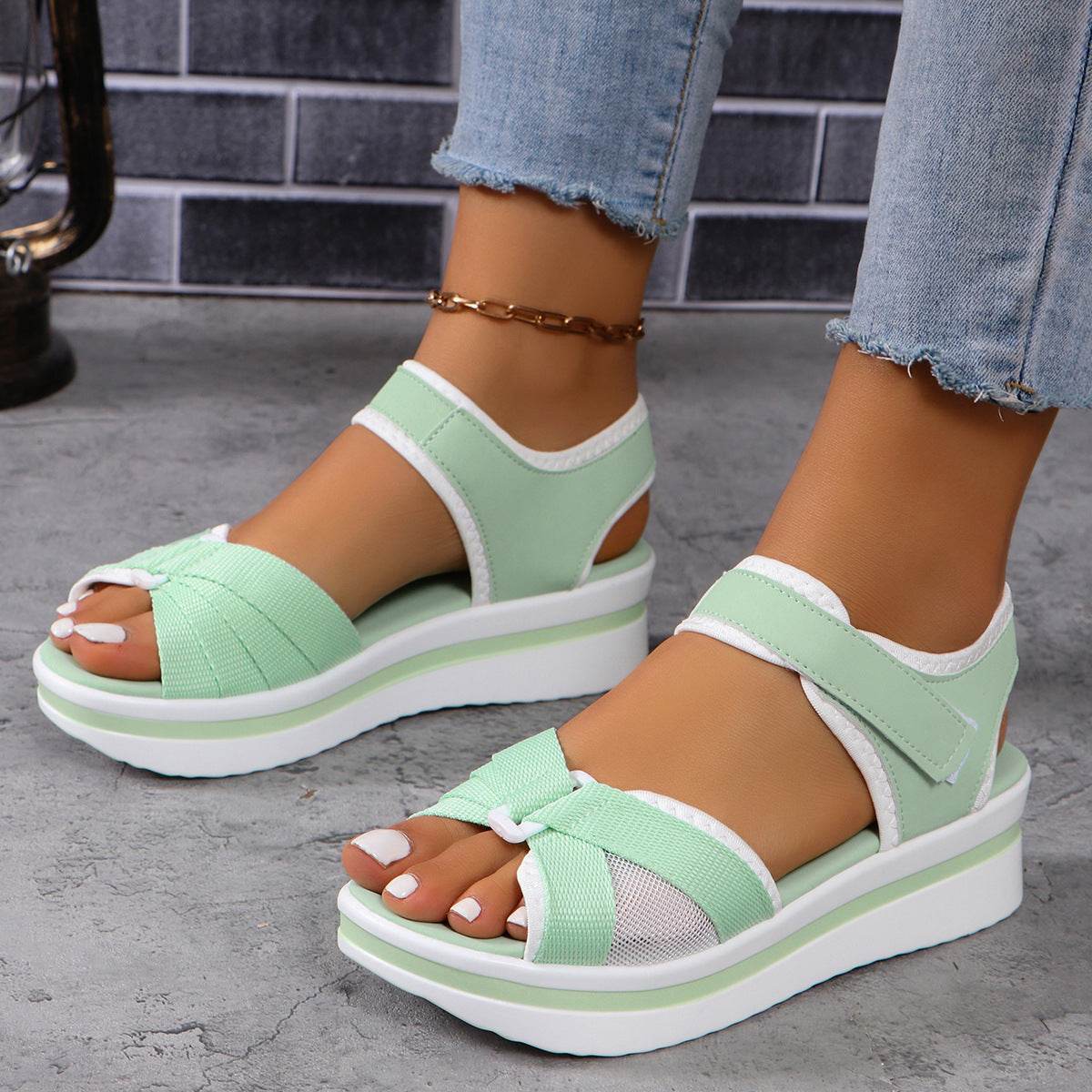 Summer Mesh Cross-strap Sandals With Velcro-design Thick Sole Flats Beach Shoes Women - Velora