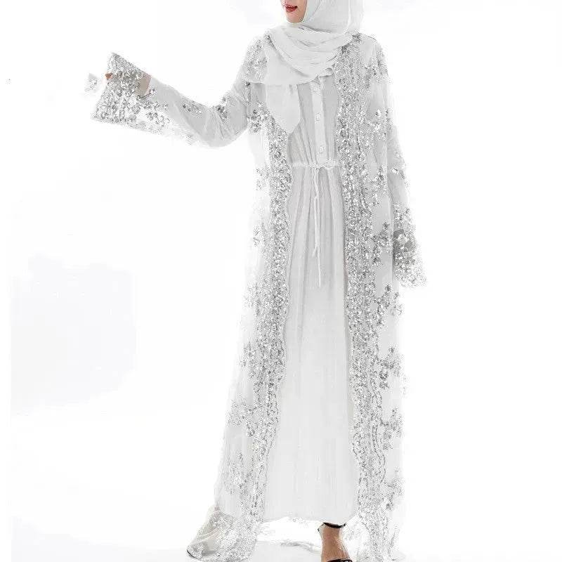 White Chiffon Sequin Embroidery Dubai Abaya Kimono Middle East ArabClothing - Velora