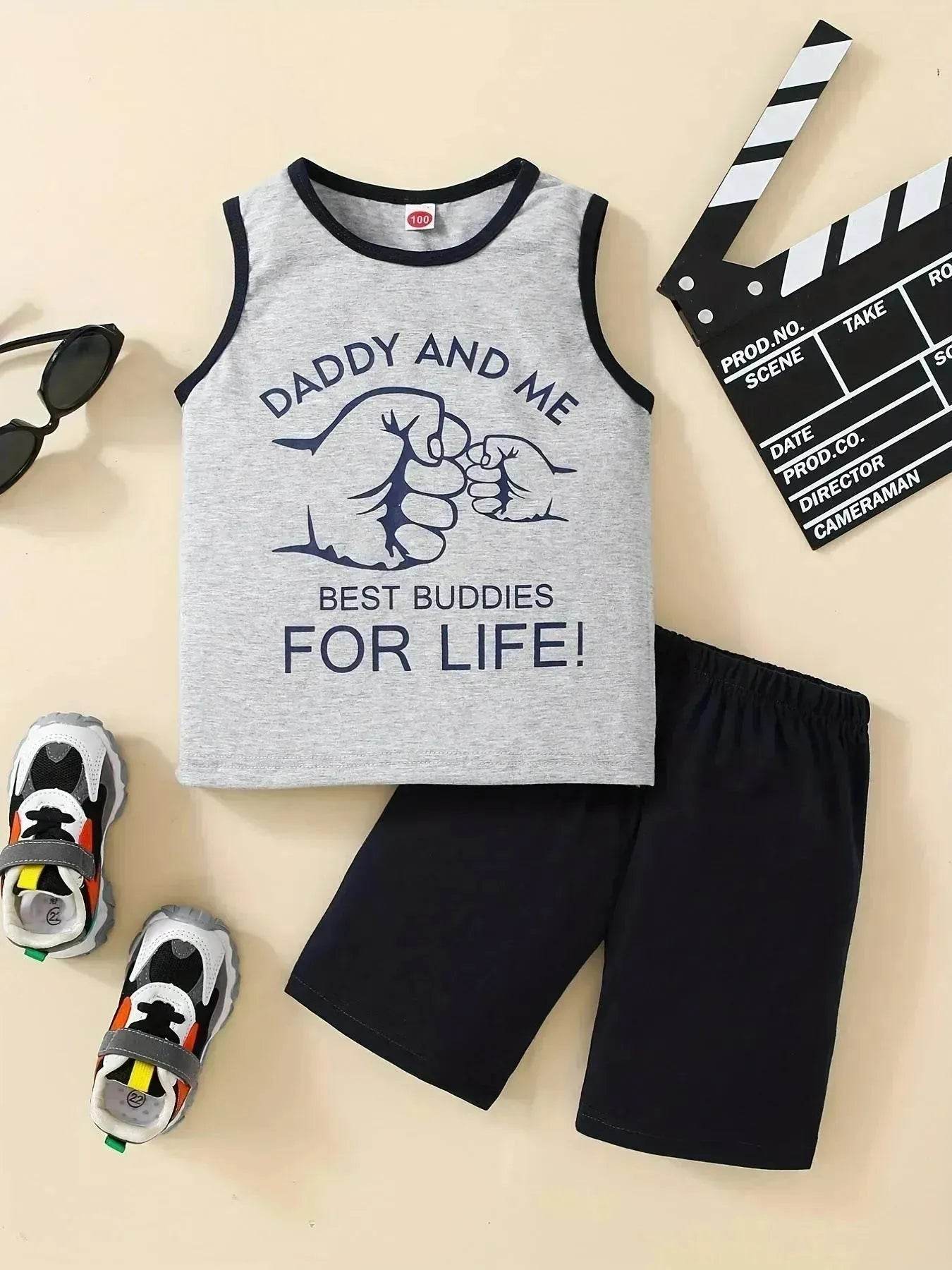 Summer Trendy Boys Letter Fist Print Sleeveless Casual Pants Suit Sleeveless two piece for boys Daddy and me outfit - Velora