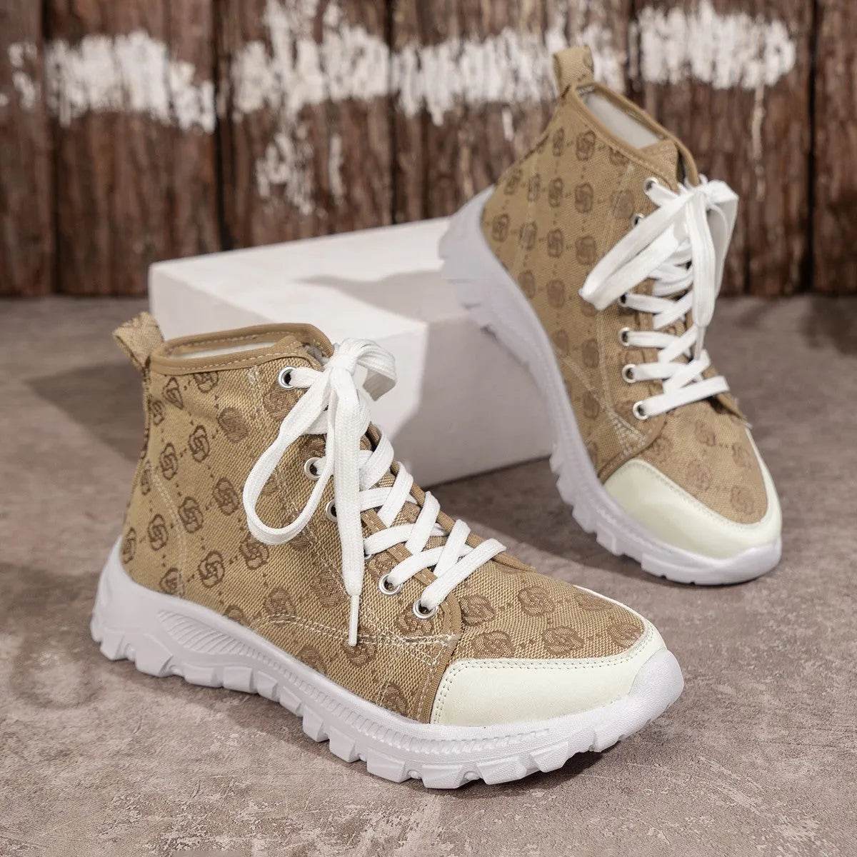Rose-printed Lace-up Boots Fashion Breathable Canvas Shoes Sports Casual Non-slip Thick-soled Short Boot For Women - Velora