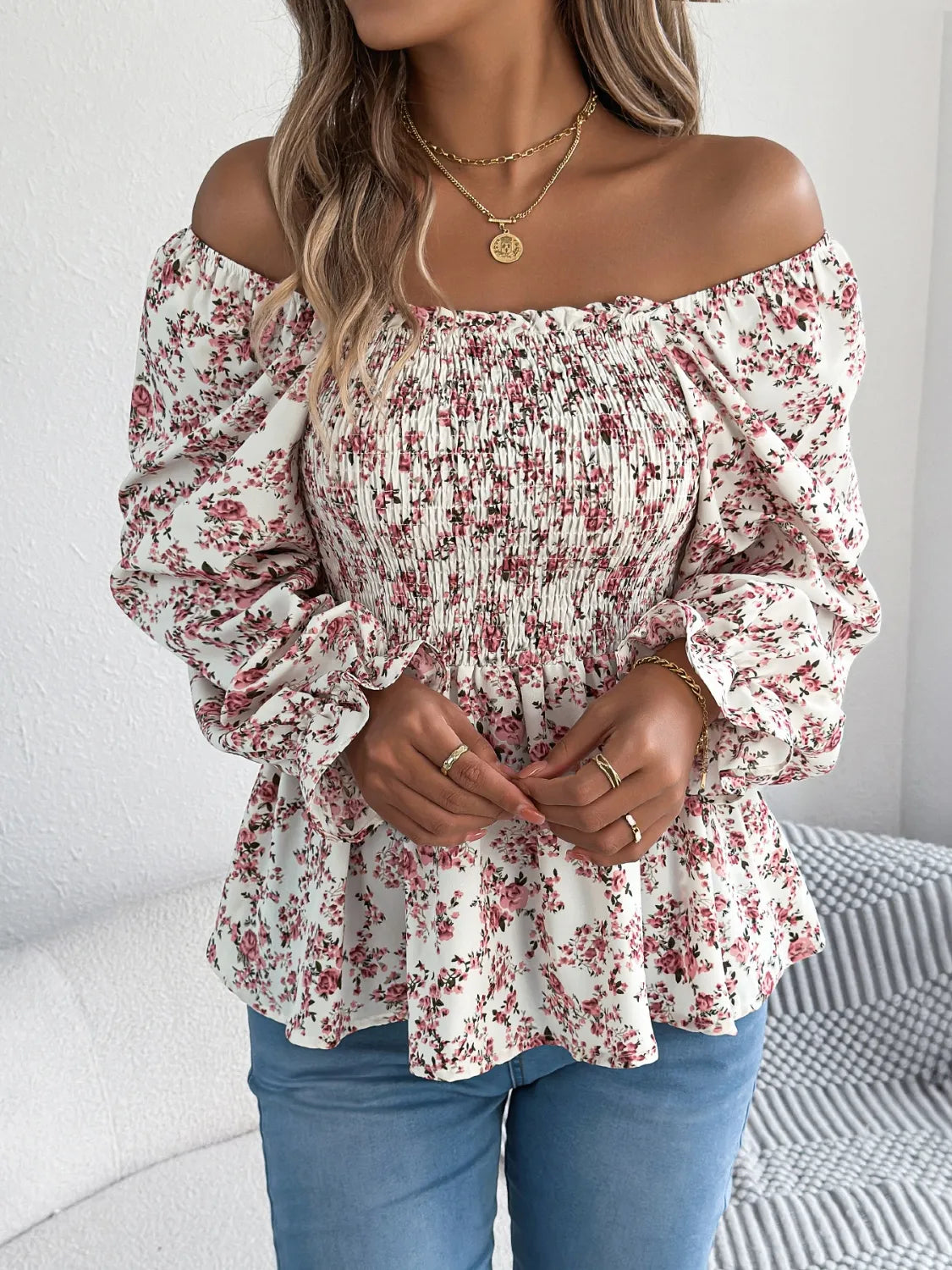 Floral Square Neck Flounce Sleeve Blouse - Velora