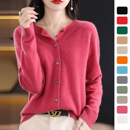Fashion Merino Wool Cardigan Sweater Women O-Neck Long-sleeve Cashmere Knitwear Spring Autumn Female Clothing Tops - Velora