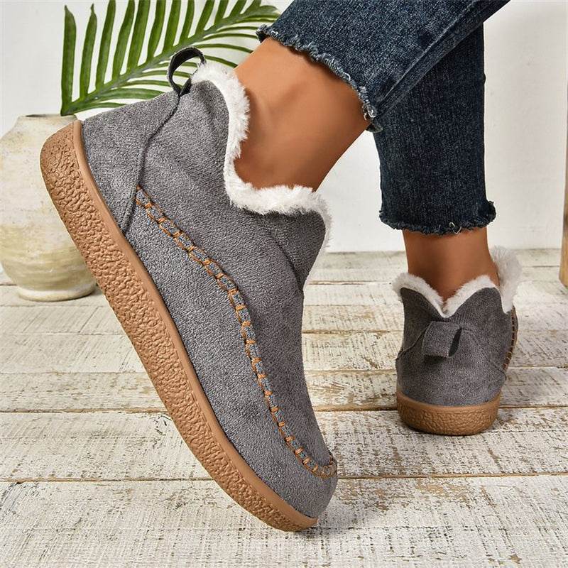 Fashion V-cut Plush Ankle Boots Winter Plus Velvet Flat Snow Boot Casual Warm Solid Suede Cotton Shoes For Women - Velora