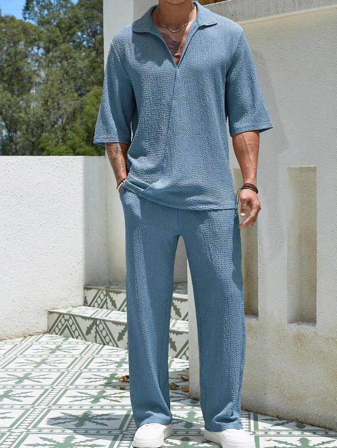 Commuter Suits Summer Short-sleeved Top And Loose Straight Trousers Casual Outfits Outdoor Mens Clothing - Velora