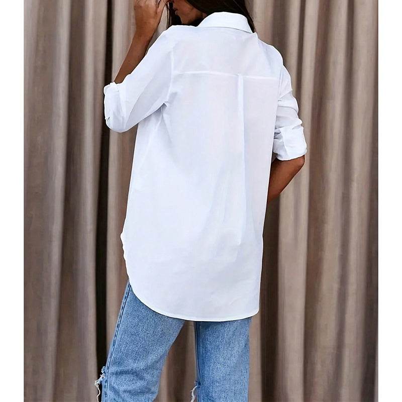 Women's Casual Long Sleeve Button-Down Shirt With Roll-Up Sleeves, Stylish Mid-Length Blouse For Everyday Wear - Velora