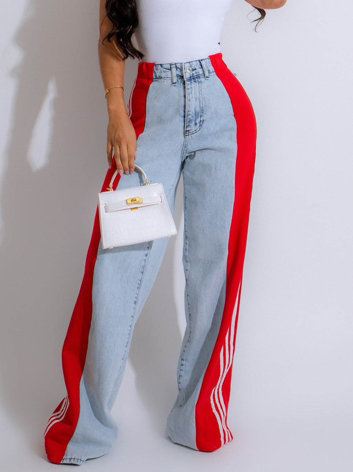 2024 Fashion Casual High Waist Elastic Straight Leg Trousers Three Stripe Patchwork Denim Wide Leg Pants Streetwear - Velora