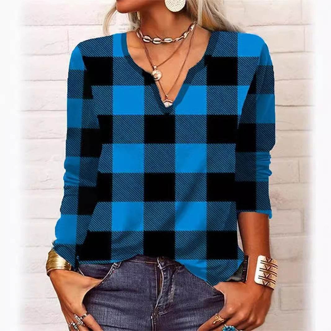 Plaid & Printed Top V-neck Loose Long Sleeve Shirt For Women - Velora