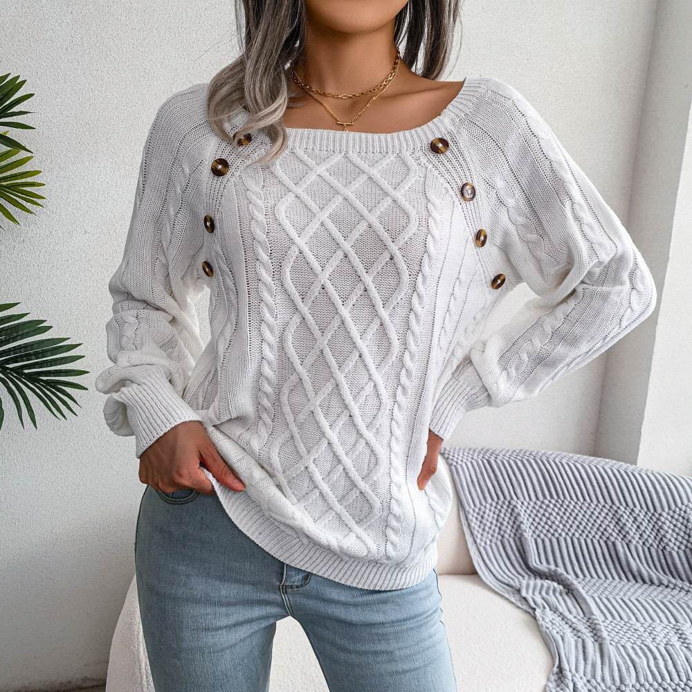 Square Neck Knitted Sweater With Button Design Winter Warm Long Sleeve Tops Women's Clothing - Velora