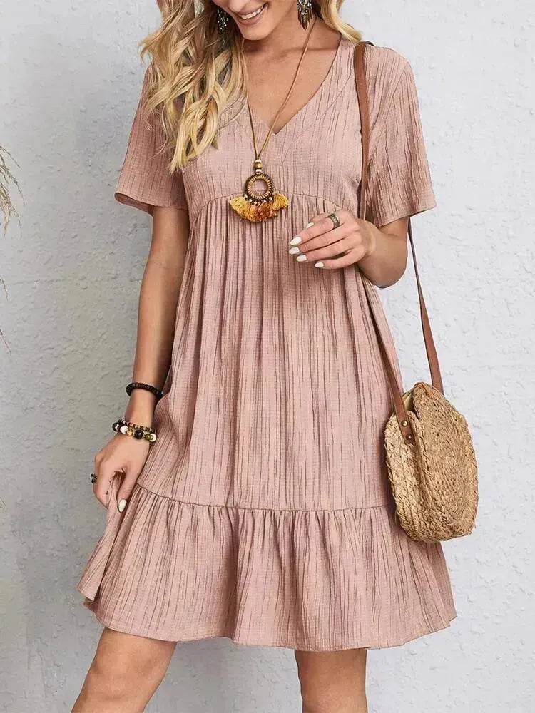 Summer Beach V-neck Dresses Women's Loose Casual Short-sleeved Loose Skater Dress for Chic Ladies - Velora
