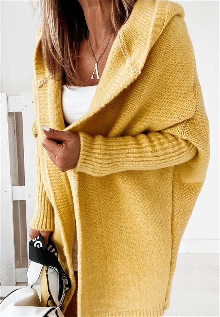 Fashion Bat Sleeve Hooded Cardigan Oversized Loose Temperament Solid Color Sweater Womens Clothing - Velora