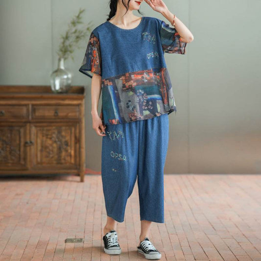 Loose Plus Size Stitching Printing Denim Suit Summer Thin Women's Casual Suit Two Fashion Sets - Velora