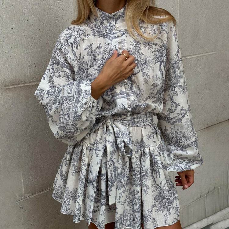 Ink Print Long Sleeve Short Dress With Fashion Puffy Sleeve Lapel Tie A-Line Dress Clothing - Velora