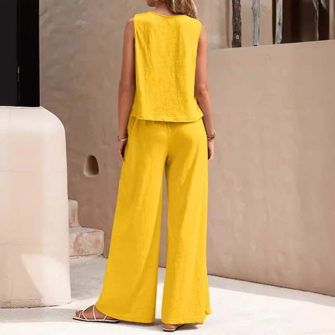 Solid Color Casual Loose Pants Sets For Women Elegant Spring Summer Women's Two Pieces Suit Full Trouser Set Female Outfit Clothes - Velora