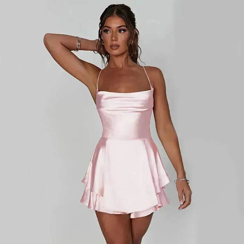 Elegant Chic Skirt Dress For Women Elegant Slim Strap Satin Backless Lace Up Ladies Party Mini Skater Dress - Velora