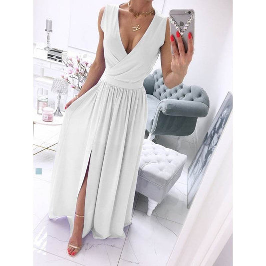 Women's Summer Sleeveless And Ankle Skirt Solid Color V-neck Front Split Long Dress - Velora