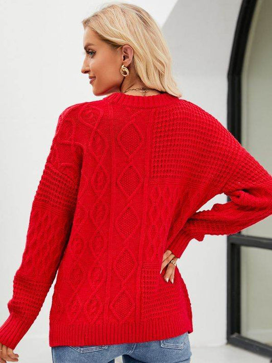 Casual Round-neck Pullover Sweater Fall Winter Solid Color Cable-knot Pattern Tops Women Clothing - Velora