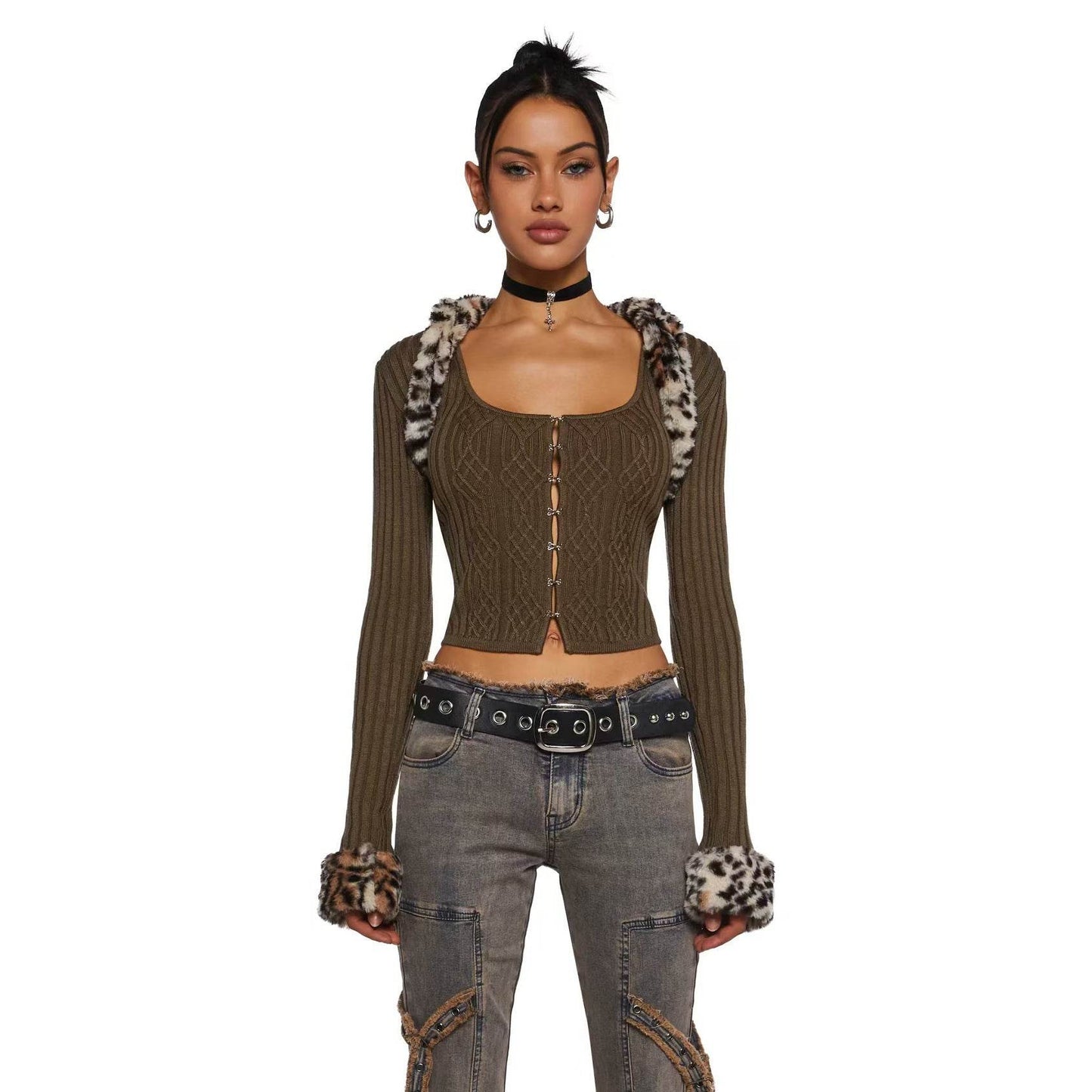 Slim-fit Fleece Patchwork Knitting Top Two-piece Set - Velora