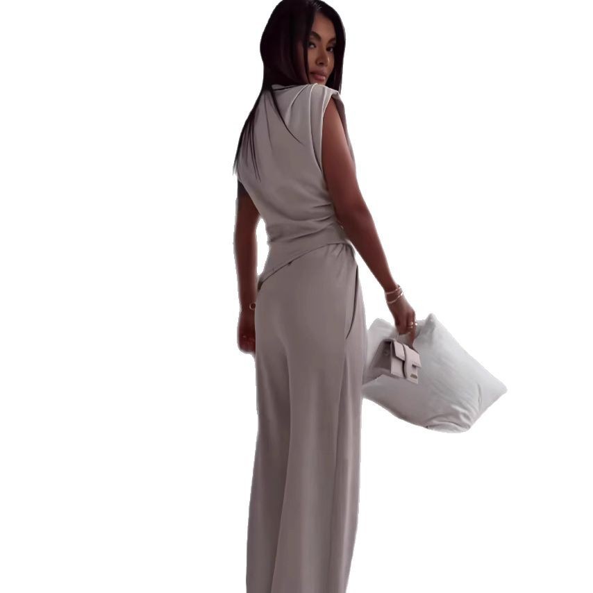 Women's Sleeveless Suit Fashion Slim Irregular Split Top And Straight Pants Solid Trouser Set Velora