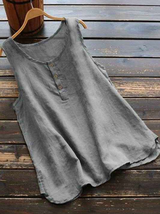 Solid Color Round Neck Loose Casual Vest Cotton Linen summer blouse top for Women - Velora