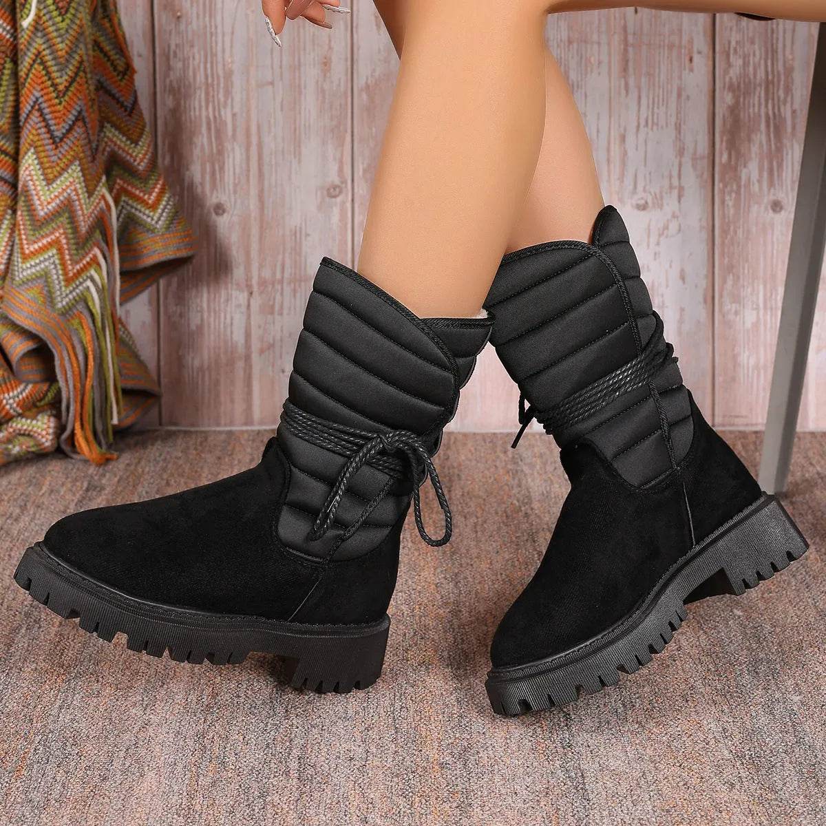 Fashion Mid-calf Snow Boots With Lace-up Design Winter Warm Thickened Low-heeled Boot Women's Casual Shoes Outdoor - Velora