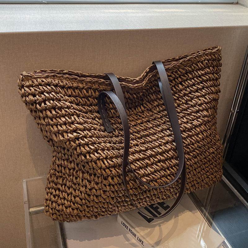 Summer Woven Shoulder Bag Ins Fashion Large Capacity Handbags With Zipper Women's Beach Bags - Velora